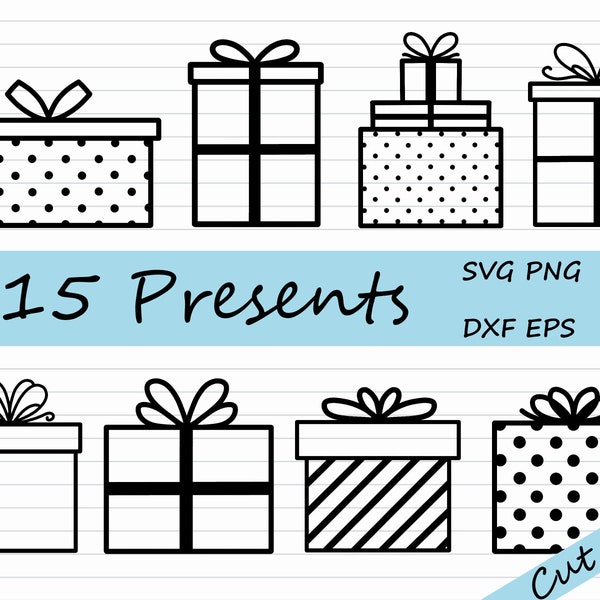 Christmas Gift SVG - Present SVG Bundle, Gift Box SVG, Presents Clipart, Black and White, Silhouette, Cricut, Gift Icon, Gift Giving Graphic