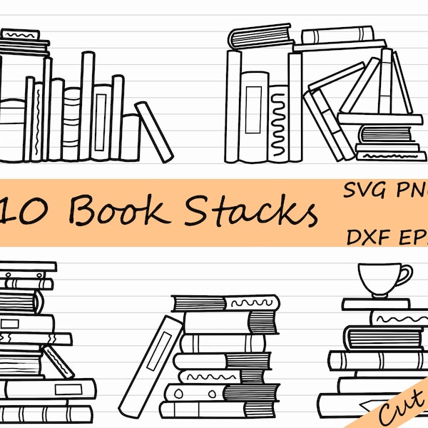 Book Stack Clipart - Book SVG, Commercial Use, Black and White, Library, Book Club, Reading, Book Worm, PNG, Cut File, Cricut, Silhouette