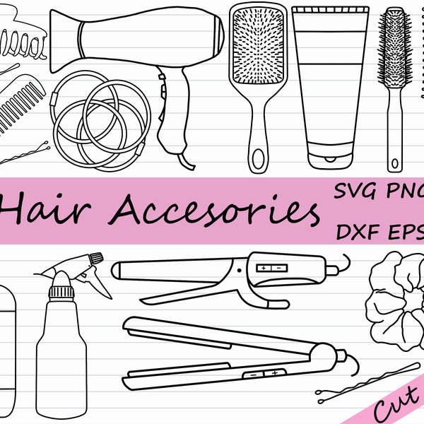 Hair Care Accessory SVG - Hair Styling Clipart, Hair Dryer SVG, Hair Brush Illustration, DXF, Shampoo Cricut, Comb Silhouette, Scrunchie eps