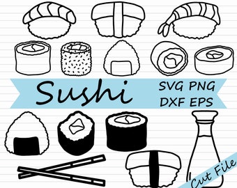 May include: Black and white line art illustrations of various sushi rolls, nigiri, onigiri, chopsticks, and a bottle of soy sauce. The text "Sushi" is written in a stylized font. The text "SVG PNG DXF EPS Cut File" is also included.