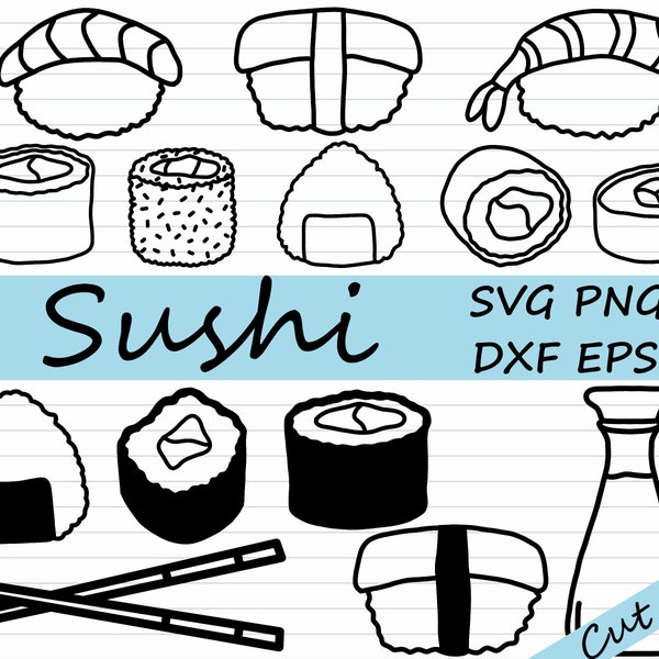 20 Sushi SVG Bundle - Sushi Clipart, schwarz und weiß, Japan, japanisches Essen, Essstäbchen SVG, Kawaii Sushi, geschnittene Datei, Cricut, Silhouette, PNG