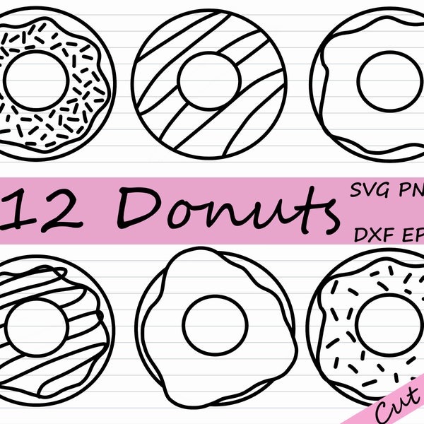 12 Donut Clipart - Donut SVG, Black and White, Doughnut Clipart, Doughnut SVG, Cut File, for Cricut, Silhouette DXF file, Sprinkles, Kids