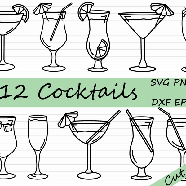 12 Cóctel SVG Bundle - Gráfico Digital de Uso Comercial, Cóctel Clipart, Bebida SVG, Vidrio, Alcohol, Verano, Tropical, Fiesta, PNG, Archivo Cut