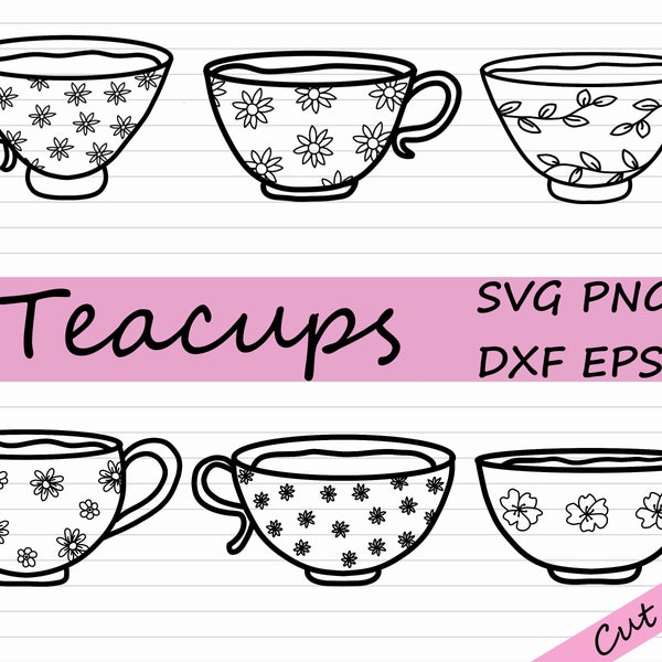 Floral Teacup SVG - Commercial Use, Tea SVG, Teacup Clipart, Tea Party SVG, Digital Vector Cut File, Black and White Teacup Coloring Clipart