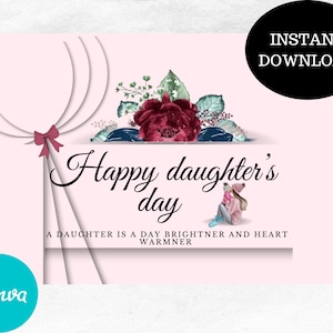 Tarjeta del día de la hija, Imprimible y editable, Plantilla Canva, Cumpleaños de la hija, Amor de mamá e hija