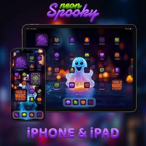 iPhone Icons Neon, Spooky Neon iPhone and iPad Theme Pack, Purple and Green App Icons, Halloween Wallpapers & Widgets, Custom Home Screen