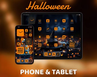 Halloween App Icons, Phone and Tablet App Icon Pack, Black and Orange Color, Spooky Quotes, Light & Dark Wallpapers, Custom Home Screen