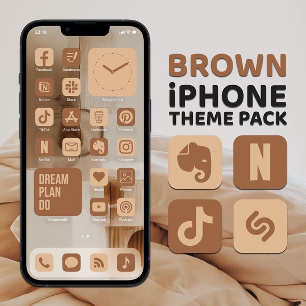 Icônes d'application marron, pack thématique pour iPhone, esthétique neutre, art bohème, citations widget, papiers peints clairs et sombres, écran d'accueil iPhone personnalisé