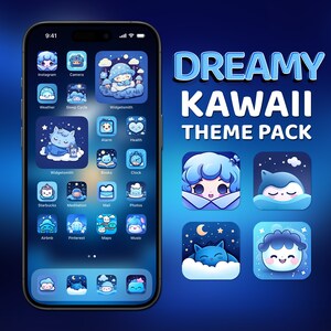 Kawaii App Icon, Dreamy iPhone Theme Pack, Cutecore Kawaii Aesthetic, Cute Blue App Icon, Night Sky Anime Blue Wallpaper, Custom Home Screen