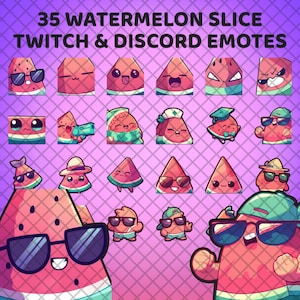 Pode incluir: Uma coleção de 35 emotes de fatia de melancia para Twitch e Discord, com várias expressões e acessórios. Os emotes são em estilo cartoon, com um esquema de cores rosa e verde, em um fundo de grade roxa.