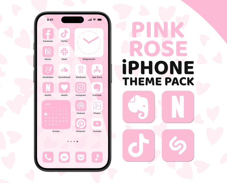 Pink App Icons, iPhone Theme Pack, Aesthetic Pink Rose Icons, Art Widgets, Light & Dark Wallpapers, Personalized iPhone Home Screen image 1