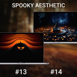 May include: Two MacBook Pro laptops displaying spooky Halloween-themed digital art. One features a black silhouette with a pumpkin face against an orange and black background. The other shows a witch's hat on a dark surface with glowing lights. Text reads "Spooky Aesthetic."