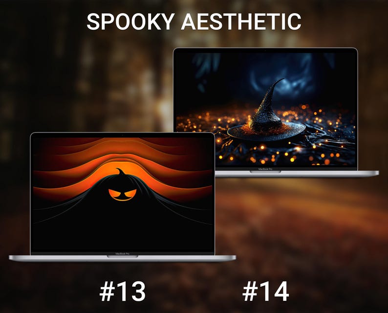 May include: Two MacBook Pro laptops displaying spooky Halloween-themed digital art. One features a black silhouette with a pumpkin face against an orange and black background. The other shows a witch's hat on a dark surface with glowing lights. Text reads "Spooky Aesthetic."