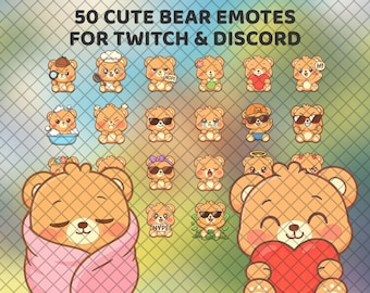 50 süße Bär Emote Pack, Twitch & Discord Reaktion Set, gemütliche Kawaii Stream Aktiva