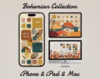 Bohemian Wallpapers, 2024 Calendar, Bohemian Desktop Organizer, Brown and Yellow App Icons, iPhone & iPad Wallpapers, Custom Home Screen
