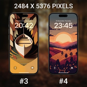 May include: Two iPhone mockups with different digital clock faces. The first shows a boat in a forest with the time 20:42. The second shows a sunset landscape with the time 23:45.