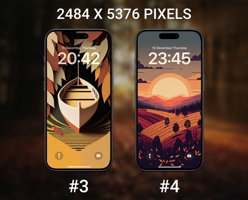 May include: Two iPhone mockups with different digital clock faces. The first shows a boat in a forest with the time 20:42. The second shows a sunset landscape with the time 23:45.