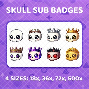 Op de afbeelding: Een verzameling van acht cartoon schedel sub badges met verschillende kronen. De schedels hebben grote ogen en zijn in verschillende kleuren. De tekst "SKULL SUB BADGES" staat bovenaan en "4 SIZES: 18x, 36x, 72x, 500x" onderaan.