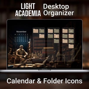 Light Academia Desktop Organizer, Greek Statue Desktop Wallpaper, 2025 - 2026 Calendar, Brown and Green Folder Icons, Custom Home Screen