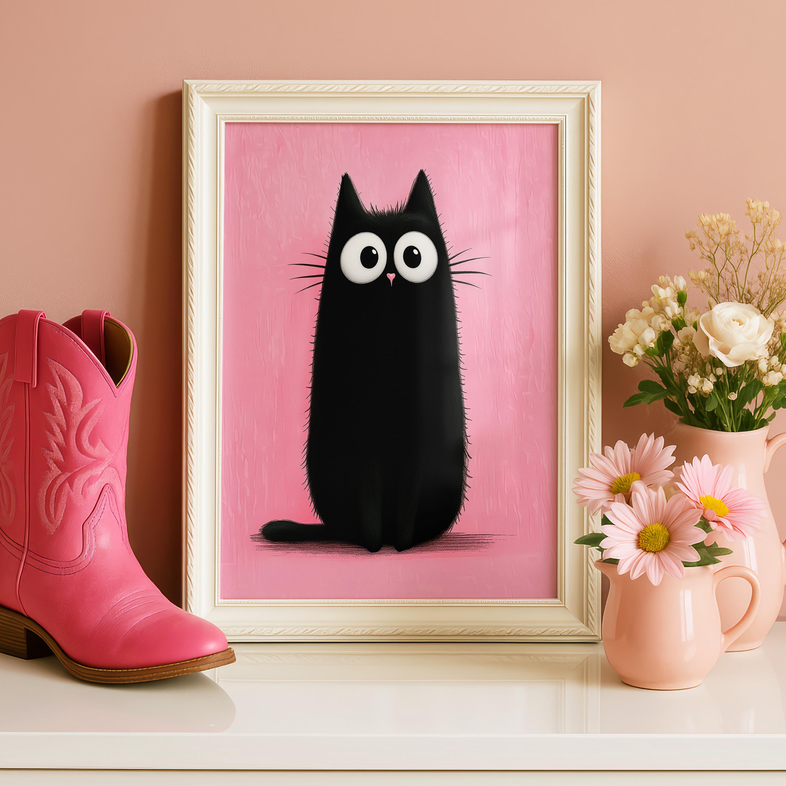 Pink Black Cat Wall Art Print, Cute Kawaii Cat Poster, Whimsical Cat ...