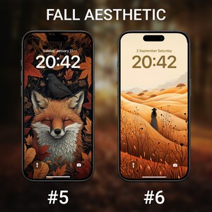 May include: Two phone screen mockups with fall-themed backgrounds. The first shows a red fox with closed eyes surrounded by autumn leaves and a black bird perched on its head. The second shows a woman in a long coat walking through a field of tall grass with rolling hills in the background. Both screens display the time 20:42.