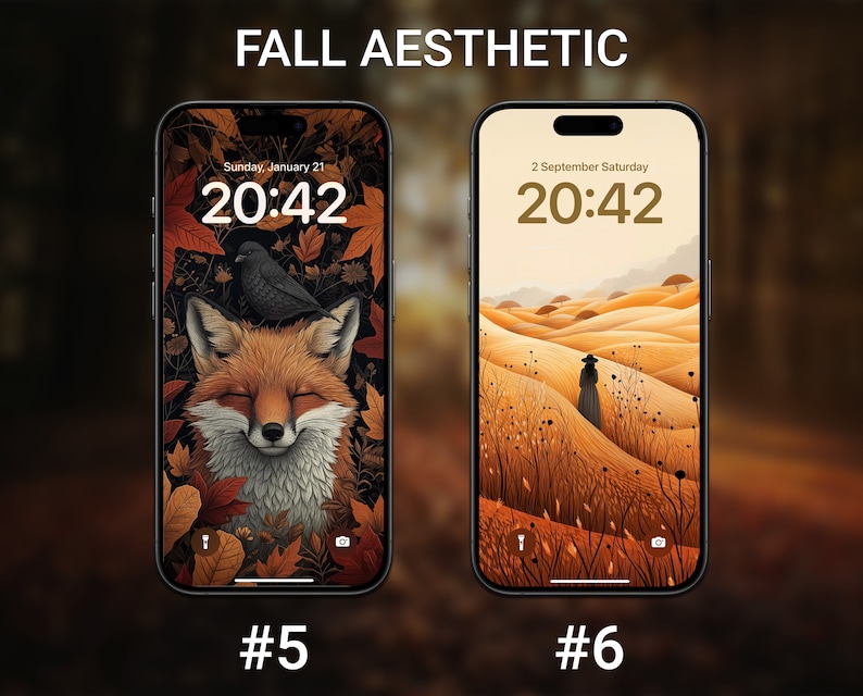 May include: Two phone screen mockups with fall-themed backgrounds. The first shows a red fox with closed eyes surrounded by autumn leaves and a black bird perched on its head. The second shows a woman in a long coat walking through a field of tall grass with rolling hills in the background. Both screens display the time 20:42.