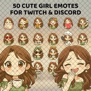 Può includere: Illustrazione digitale con 50 simpatiche emoticon di ragazze per Twitch e Discord. Le emoticon raffigurano varie espressioni e attività, tra cui tenere un cuore, indossare occhiali da sole e tenere una tazza di caffè. Il testo del titolo è in grassetto e senza grazie.