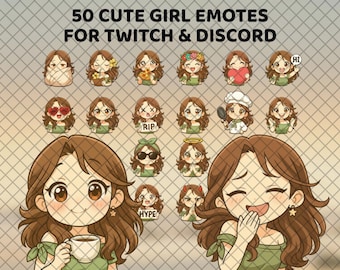 50 Brown Hair Girl Emotes, Cute Twitch & Discord Sticker Pack, Chibi Streamer Reactions