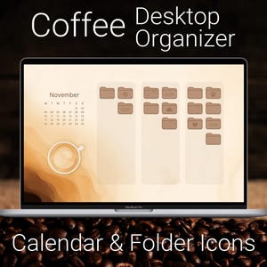 Organizador de escritorio con diseño de café, fondo de escritorio, estética neutra, calendario 2025-2026, íconos de carpetas de escritorio marrones, pantalla de inicio de escritorio personalizada