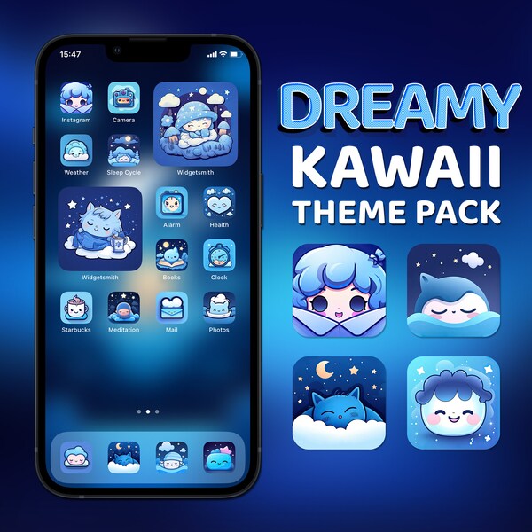 Kawaii App Icons, Dreamy iPhone Theme Pack, Blue Aesthetic, Widget Art Covers, Adorable Kawaii Wallpapers, Custom iPhone Home Screen