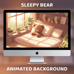 May include: A brown teddy bear is sleeping on a white bed in a room with a window and plants. The sun is shining through the window, casting a warm glow on the bed. The room is decorated with a minimalist style.