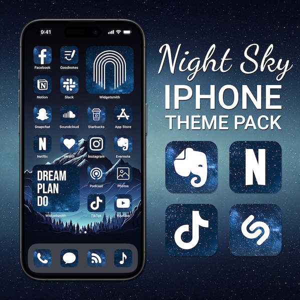 Night Sky Aesthetic, iPhone Theme Pack, Blue and Black App Icons, Widget Quotes, Light & Dark Wallpapers, Custom iPhone Home Screen