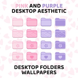 Iconos de carpeta de escritorio en rosa y morado, estética kawaii, colores pastel, fondos de pantalla rosas, dibujos animados, pantalla de inicio de escritorio personalizada