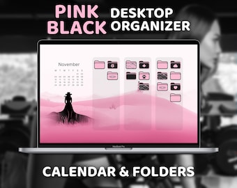 Calendario y organizador de escritorio en rosa y negro, iconos de carpetas de escritorio en rosa y negro, estética femenina, fondo de pantalla rosa, pantalla de inicio personalizada