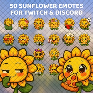 May include: A digital graphic featuring 50 sunflower emotes for Twitch and Discord. The sunflowers have various expressions and accessories, including hearts, sunglasses, and chef hats. The text "50 SUNFLOWER EMOTES FOR TWITCH & DISCORD" is at the top.