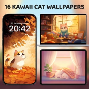 Cute Cat Wallpaper Pack, Kawaii Kitty Phone & Tablet en Desktop Backgrounds, Cosy Aesthetic