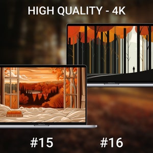 May include: Two laptop screens displaying autumn-themed digital art. The top screen shows a minimalist illustration of a person walking through a forest with orange and brown trees. The bottom screen shows a window view of a forest with orange and brown trees, a lake, and a sunset. The text "HIGH QUALITY - 4K" is displayed at the top of the image. The numbers "#15" and "#16" are displayed below the laptops.