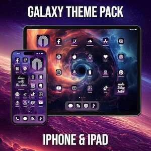 Fondo de galaxia, paquete de temas para iPhone y iPad, íconos morados para aplicaciones, citas en widgets, estética espacial, fondos de pantalla de cielo oscuro, pantalla de inicio personalizada