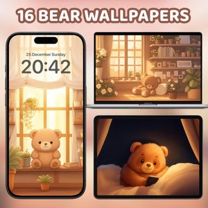 Cute Bear Wallpaper Bundle, Kawaii Cozy Aesthetic Backgrounds For Phone & Tablet and Desktop