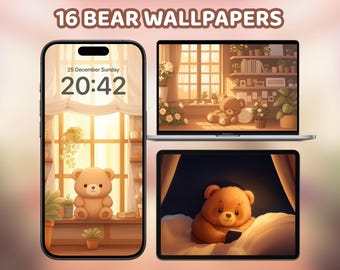 Cute Bear Wallpaper Bundle, Kawaii Cozy Aesthetic Backgrounds For Phone & Tablet and Desktop