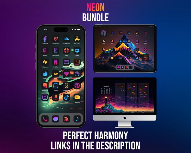 App Icons Neon, iPhone Theme Pack, Aesthetic Neon Art Covers, Ios ...