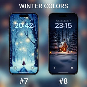 Puede incluir: Dos pantallas de iPhone con fondos de pantalla de tem&aacute;tica invernal. La primera pantalla muestra un bosque nevado con un &aacute;rbol de Navidad y la hora 20:42. La segunda pantalla muestra una escena nevada con una peque&ntilde;a casa y la hora 23:15.