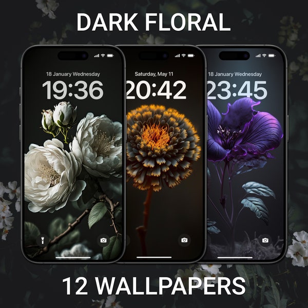 Dark Floral Wallpapers, iPhone Lock Screen, Flower Wallpaper,  Dark Cottagecore Aesthetic,  Neutral Background, Custom iPhone Home Screen