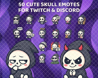Puede incluir: Un conjunto de 50 emoticonos de calaveras adorables para Twitch y Discord. Los emoticonos muestran calaveras con diversas expresiones y accesorios. El texto dice "50 CUTE SKULL EMOTES FOR TWITCH & DISCORD".