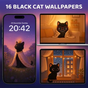 以下が含まれることがあります： スマートフォン、ラップトップ、タブレットに表示された16種類の黒猫の壁紙のデジタルアート。スマートフォンには王冠とマントをつけた猫が表示されています。ラップトップには、毛布に包まれたメガネをかけた猫が表示されています。タブレットには窓のそばにいる猫が表示されています。