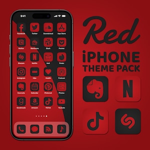 May include: Red and black iPhone app icons with a red background. The icons are for popular apps like Facebook, Twitter, Instagram, Netflix, and more. The text "Red iPhone Theme Pack" is written in black on the red background.