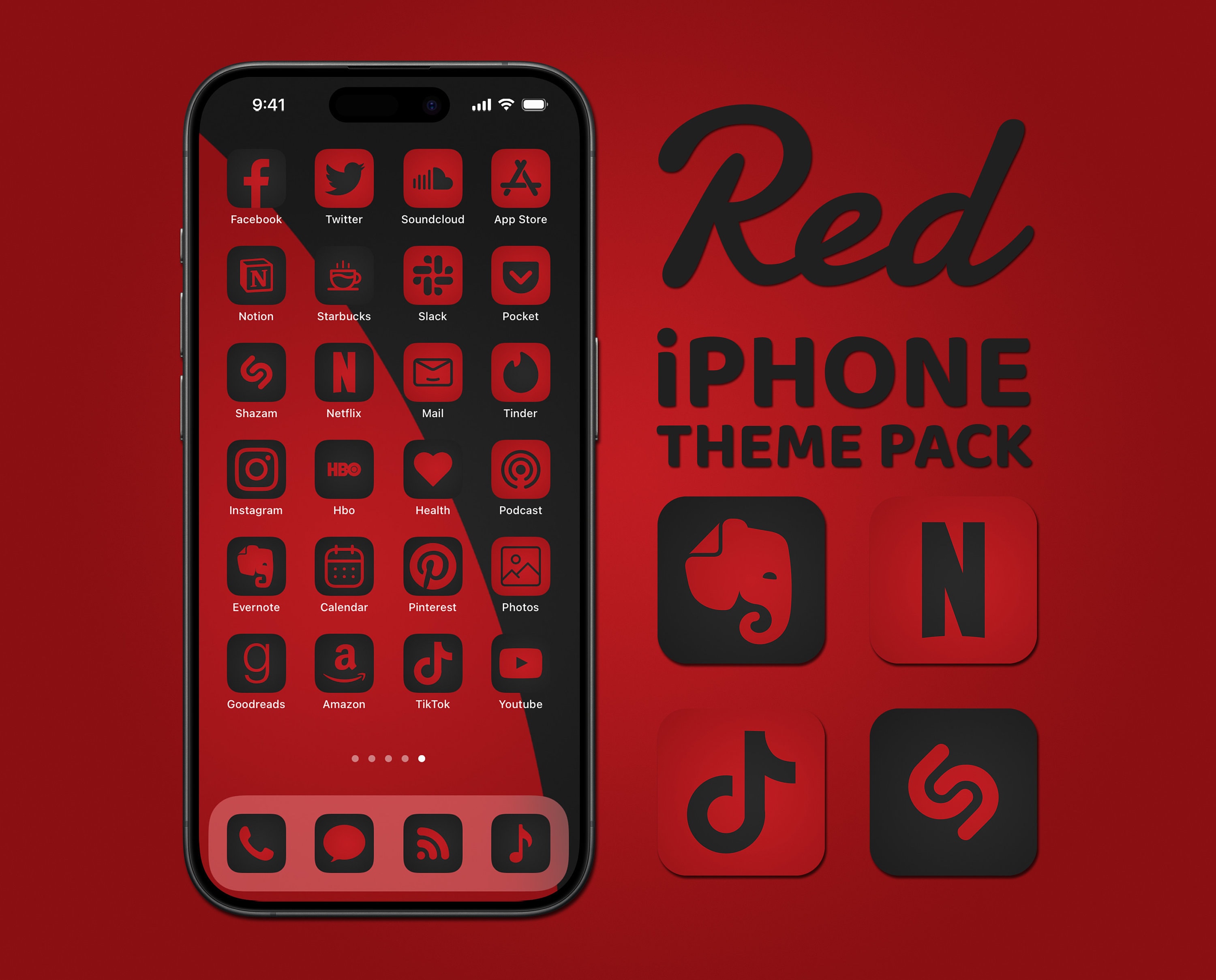 Paquete de iconos de aplicaciones en rojo y negro, tema estético para iOS,  paquete de pantalla de inicio moderno - Etsy México, image size:3000x2419