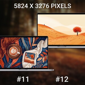 May include: Two laptop computers displaying different autumn-themed digital illustrations. The laptop on the left shows a close-up of a coffee cup with latte art, a book, and a blanket on a patterned background. The laptop on the right shows a landscape with a single tree in the foreground and a hill in the background.