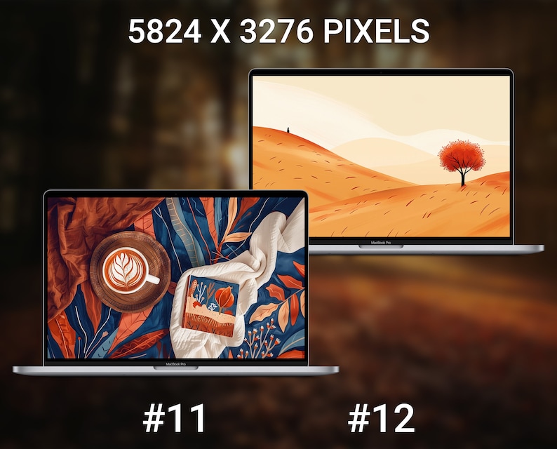 May include: Two laptop computers displaying different autumn-themed digital illustrations. The laptop on the left shows a close-up of a coffee cup with latte art, a book, and a blanket on a patterned background. The laptop on the right shows a landscape with a single tree in the foreground and a hill in the background.