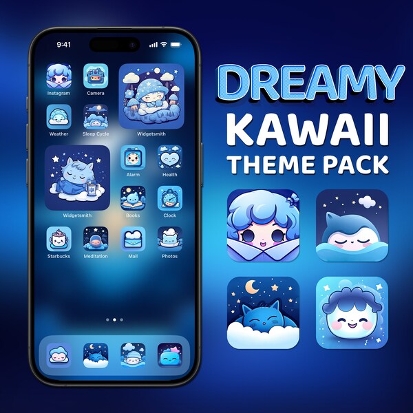 Kawaii App Icons, Dreamy iPhone Theme Pack, Blue Aesthetic, Widget Art Covers, Adorable Kawaii Wallpapers, Custom iPhone Home Screen